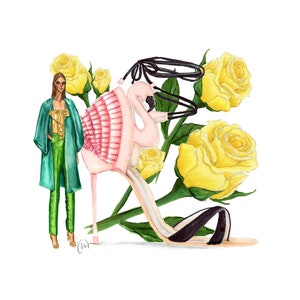 Watercolor Fashion Illustration print, Fashionista girl, Yellow Roses, Watercolor Floral, Flamingo Stiletto