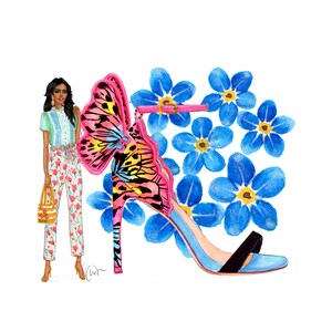 Watercolor Fashion Illustration print, Fashionista girl, Forget me not Flower, Watercolor Floral, Butterfly Stiletto