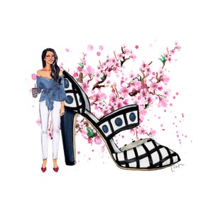 Watercolor Fashion Illustration print, Fashionista girl, Cherry Blossom Tree, Watercolor Floral, High Heel