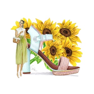Watercolor Fashion Illustration print, Fashionista girl, Sunflower, Watercolor Floral, High Heel Platform