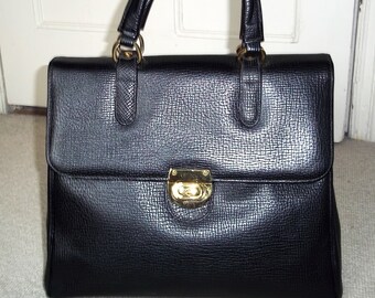 Exquisite Vintage 1980's Large Black Leather Locking Top Handle Bag, Executive Bag, Grab Bag, Vintage Statement Bag,