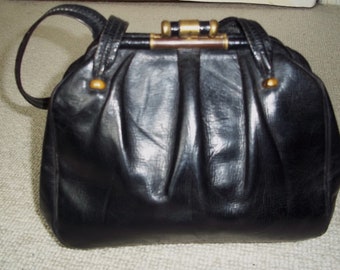 Exquisite Vintage 1950's Small Black Leather Handbag, Top Handle Bag, Wedding, Rockabilly Chic