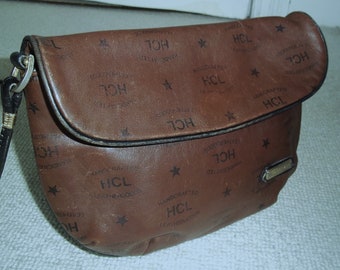 vintage HCL (Allemagne de l'Ouest) sac à bandoulière monogramme en cuir marron clair, bandoulière, sac en cuir marron