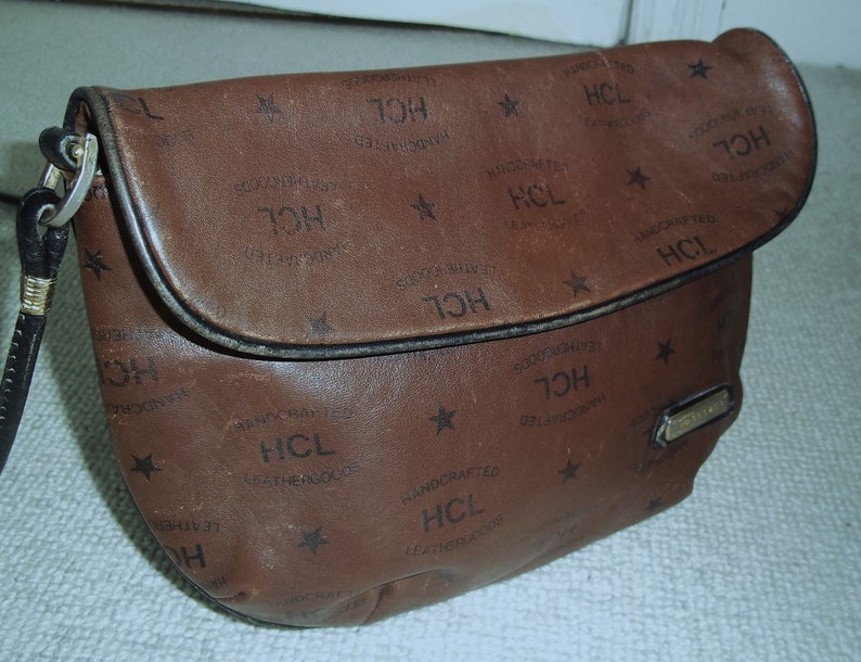 Vintage HCL West Germany Dark Tan Leather Monogram Shoulder Bag, Crossbody, Brown Leather Bag image 1