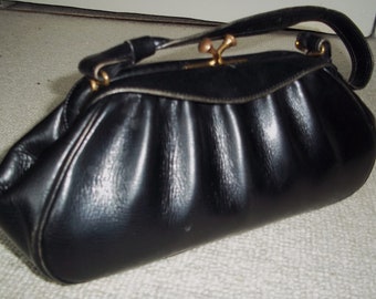 Exquisite Vintage 1950's Small Black Leather Handbag, Top Handle Wedding Bag, Rockabilly Chic