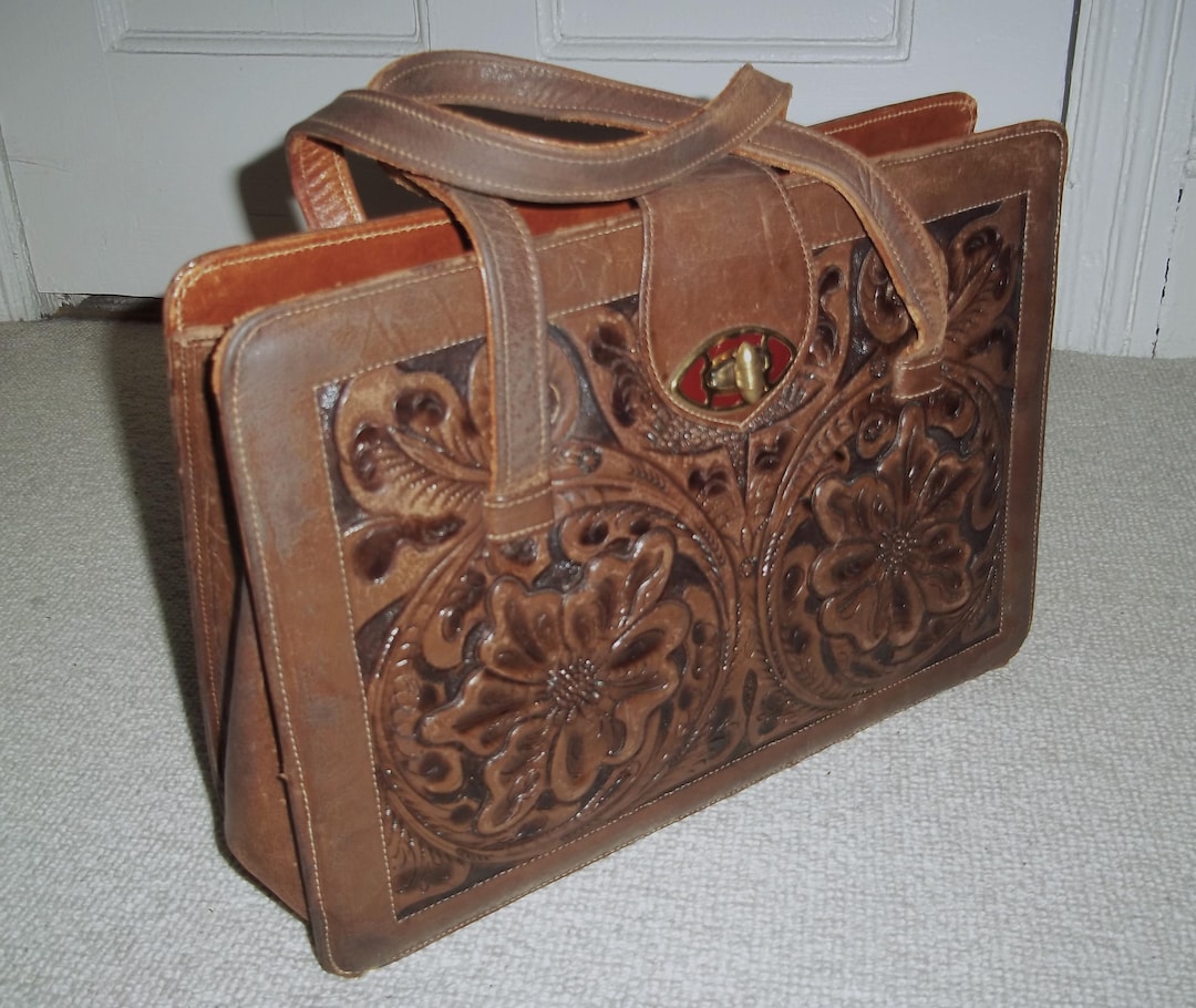Exquisite Vintage 1970's Large Brown Tooled Mexican Leather