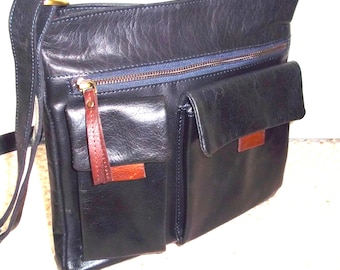 Exquisite Vintage HIDEPARK Darkest Navy & Tan Quality Leather Crossbody Bag, Messenger