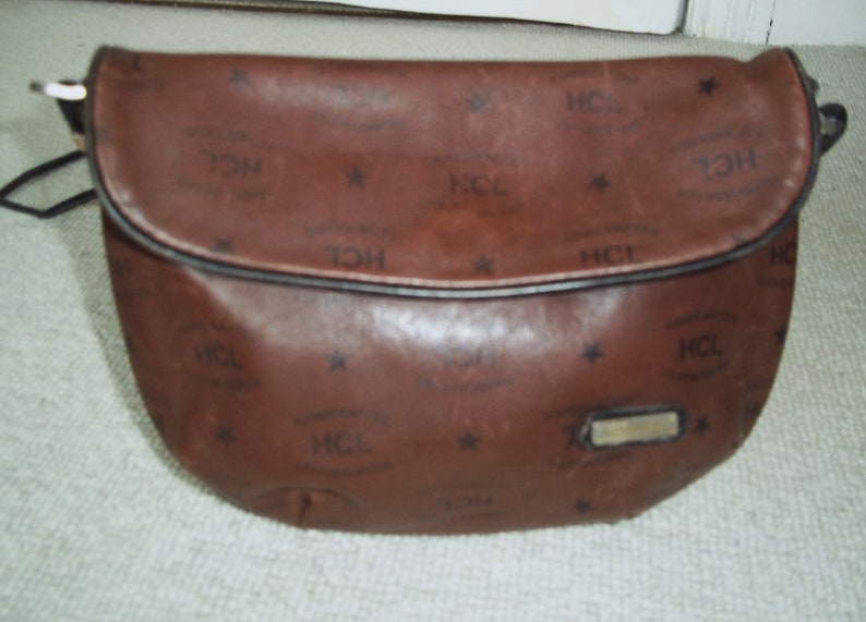 Vintage HCL West Germany Dark Tan Leather Monogram Shoulder Bag, Crossbody, Brown Leather Bag image 2
