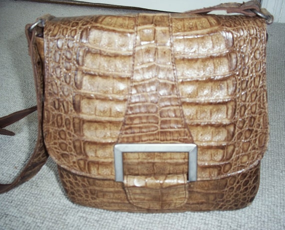 Exquisite Vintage 1960's Brown Mock Croc Leather … - image 1