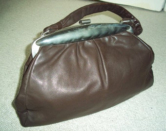 Exquisite Vintage 1960's BOSCHA Large Brown Leather Handbag, Top Handle, Wedding Bag, Rockabilly