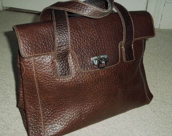 Vintage 1970's Dark Tan Pebbled Leather Handbag, Top Handle Bag, Executive Work Bag, Brown Substantial Italian Leather Bag