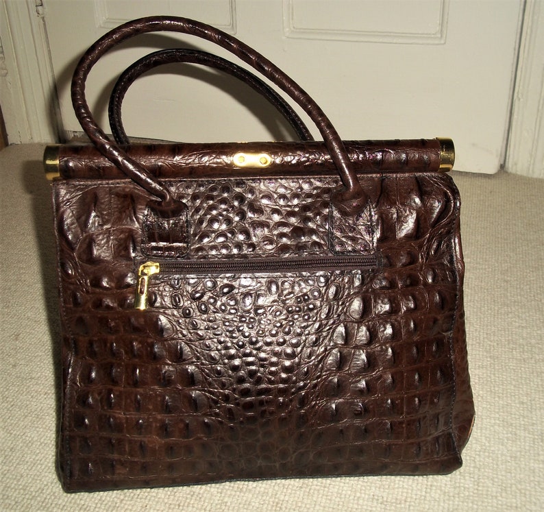 Vintage Large Brown Mock Croc Leather Top Handle Bag ...