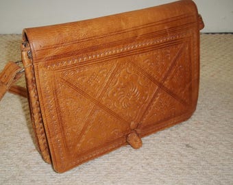 Vintage Tan Tooled Leather Shoulder Bag, Crossbody, Thick Leather Boho Chic Bag