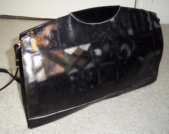 Vintage MEDICI (West Germany) Large Black Leather Shoulder Bag, Clutch Bag, Crossbody, Metallic