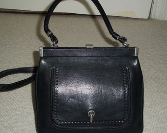 Exquis sac à main GOLDPFEIL vintage en cuir noir, sac à bandoulière, mariage, flèche dorée, sac vintage des années 1970