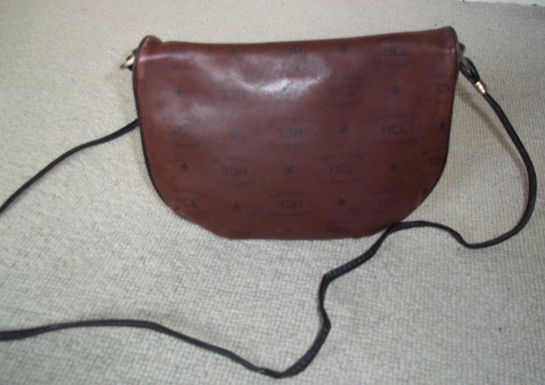 Vintage HCL West Germany Dark Tan Leather Monogram Shoulder Bag, Crossbody, Brown Leather Bag image 4