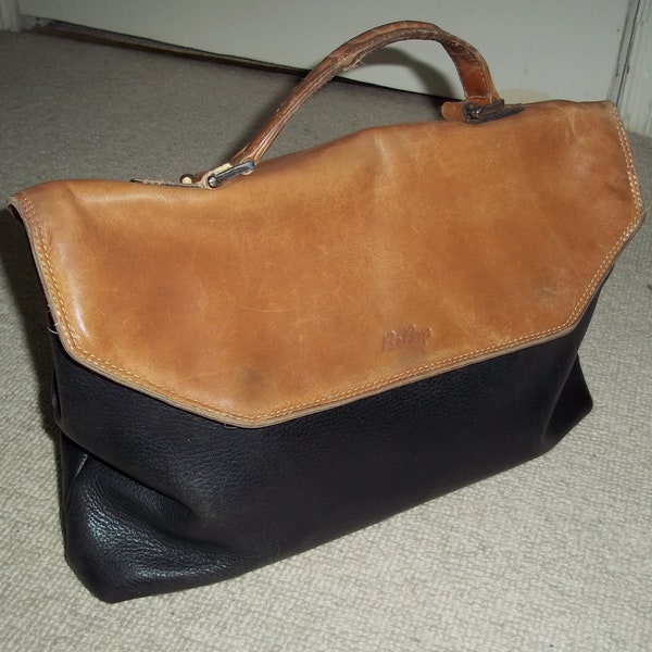 Vintage BEPOP Black & Tan Leather Top Handle Bag, Executive Bag, Work