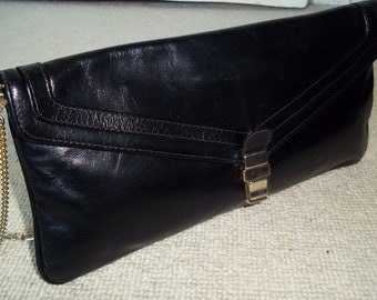 Exquisite Vintage 1980's Black Italian Leather Shoulder Bag, Clutch Bag, Wedding Bag