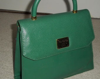 Exquisite Vintage Green Leather Boxy Handbag, Top Handle Bag, Wedding, 'THREE CROWNS No. 001', Paris, Retro Chic,