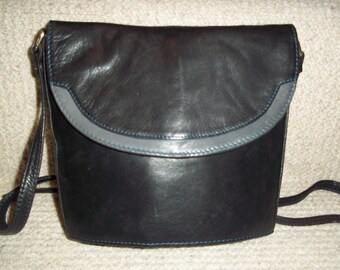 Vintage BODENSCHATZ (Germany) Black Leather Bucket Bag, Shoulder Bag, Crossbody, Grey Leather Trim