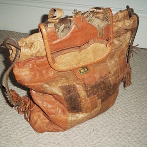 Vintage 1970's Tan Leather Shoulder Bag, Crossbody,Slouch,  Patchwork, Brown, Hobo Chic
