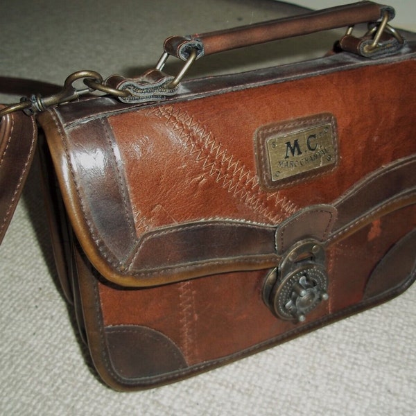 Vintage 1970's M.C. MARC CHANTAL Small Tan Leather Boxy Shoulder Bag, Crossbody, Satchel