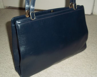 Vintage 1960's CREATION PICARD Classic Navy Leather Handbag, Wedding Bag, Rockabilly Chic