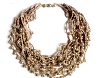 Pearl necklace Pearl Statement Long necklace Long beaded necklace Multi strand Bead crochet Crocheted necklace with beads Knitted necklace