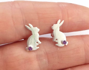 Rabbit earrings, bunny earrings, amethyst silver stud earrings , silver, animal stud earrings, rabbit jewelry, February birthstone earrings