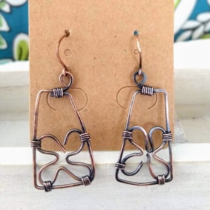 Flower dangle copper earrings,  rectangular triangle antiqued copper earrings, flower wire wrapped earrings, copper wire earrings
