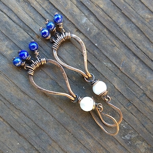 Antiqued Copper Dangle Earrings: Moonstone & Lapis Lazuli Boho Jewelry