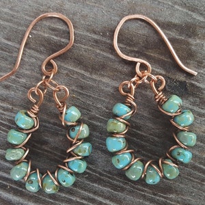 Turquoise Beaded Wire Wrapped Dangle Earrings - Blue Picasso Finish - Copper Earrings - Copper Wire Wrap Earrings - Turquoise Bead Earrings