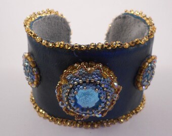 Turquoise Leather Bead Embroidered Cuff