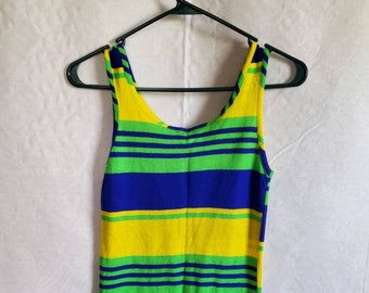 Vintage women's shirt top blouse knit tank top striped blue green yellow small