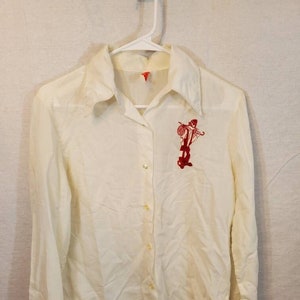 Women&#39;s White Vintage Shirt Embroidered Scarecrow Halloween Small