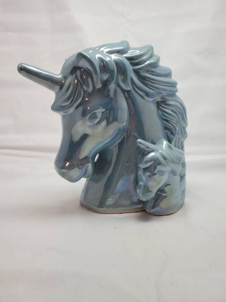 Vintage Keramik Einhorn Pferd & Baby Statue Blau Decor