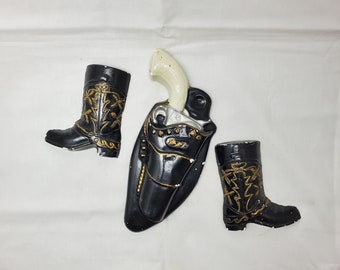 Vintage Chalkware Cowboy Western Boots Revolver