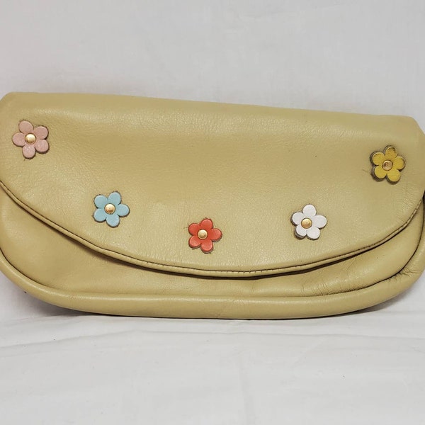 Vintage Letisse Natural Leather Clutch Purse with Flowers