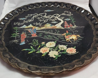 Round Lacquered Tray Made in Japan Decorated With Images of Fans