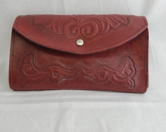 vintage Red Tooled Leather Suede Wallet Checkbook Brasil Cowboy Western