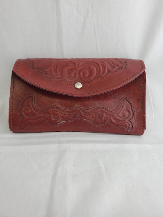 Vintage Red Tooled Leather Suede Wallet Checkbook 