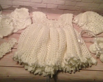 Crochet Christening Gown Set -  Crochet Baptism Dress Set - Crochet Baby Party Dress -  Baby Gift - Infant Clothes - Baby Shower Gift