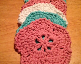 Crochet Coasters Set of 6, Rose, Teal, White - Mother's Day Gift - Housewarming Gift - Bridal Shower Gift - Gift for Mom - Summer Flower