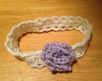 Infant Crochet Headband - White With Purple Flower Headband - Baby Accessory - Infant Accessory - Crochet Headband - Baby Shower Gift