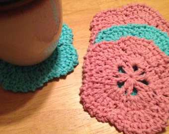 Mother's Day Gift - Crochet Flower Coasters Set of 4, Rose and Teal - Housewarming Gift - Bridal Shower Gift - Gifts for Mom - Summer Flower