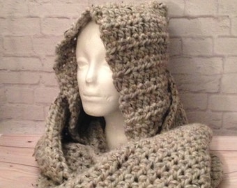 Crochet Infinity Hooded Scarf - Hooded Cowl  - Hooded Scarf - Crochet Infinity Scarf - Women's Hooded Scarf-  Fall Fashion - Oatmeal Scarf