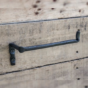 May include: Black metal toilet paper holder mounted on a wooden wall.