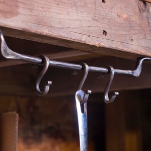 Under cabinet or on wall hand forged utensil pan holder with S hooks