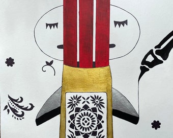 Dibujo a tinta de personalidad dividida, arte de la dualidad (22 x 15)