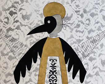 Pájaro caprichoso: acuarela, tinta y arte acrílico (15 x 22 pulgadas)